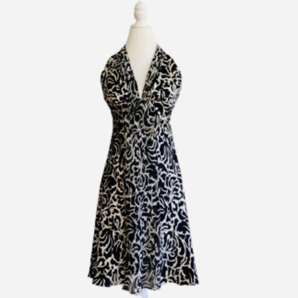WHBM Halter Dress Black Cream Floral Sleeveless Silk Flowy Halter Dress Size 4 - Picture 1 of 15
